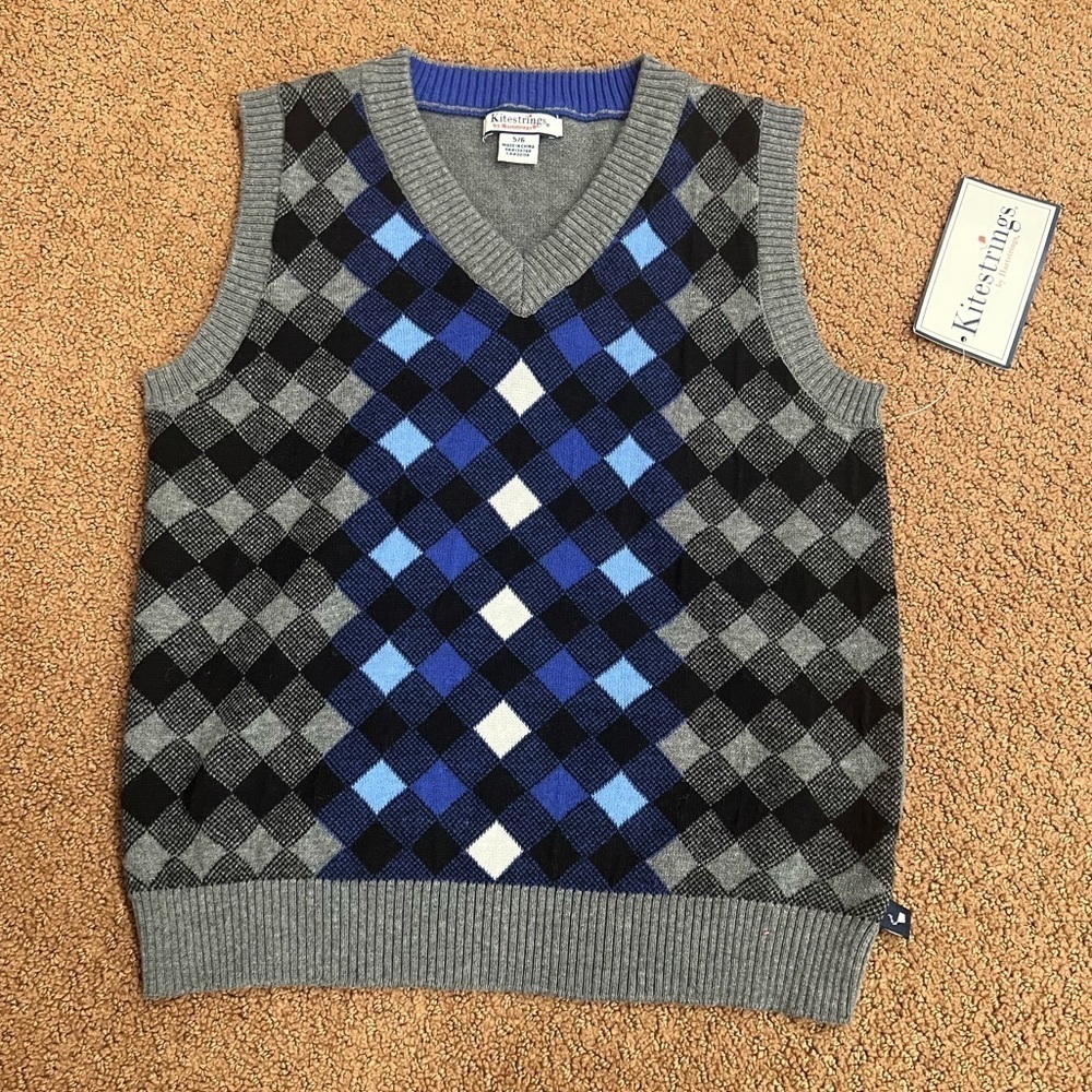 Hartstrings Boys Blue & Grey Knit Sweater Vest Size 5/6 Preppy Academia Grandpa